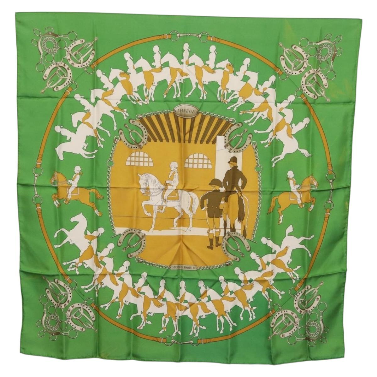 HERMES Carre90 Scarf ""MAN`EGE"" Silk Green Auth bs37309