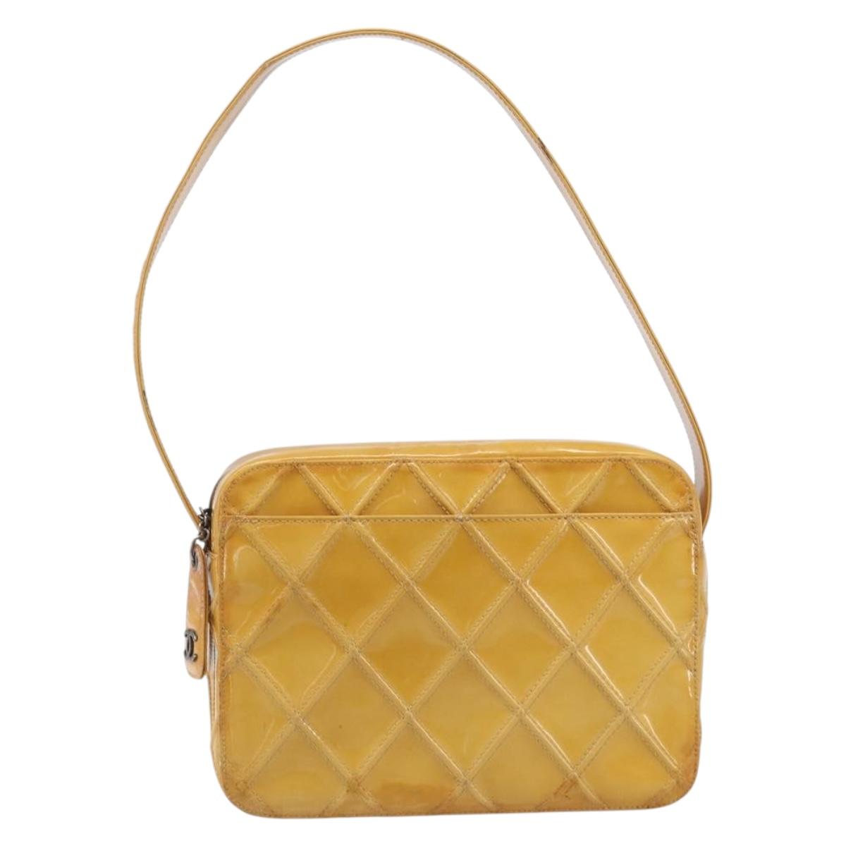 CHANEL Matelasse Shoulder Bag Patent leather Yellow Silver CC Auth bs37322