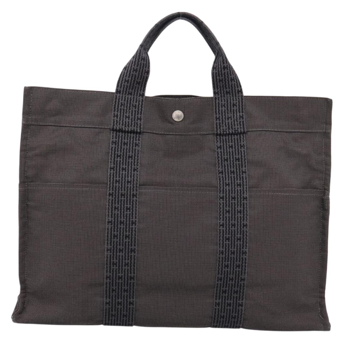 HERMES Her Line Tote MM Tote Bag Canvas Gray Silver Auth bs37333
