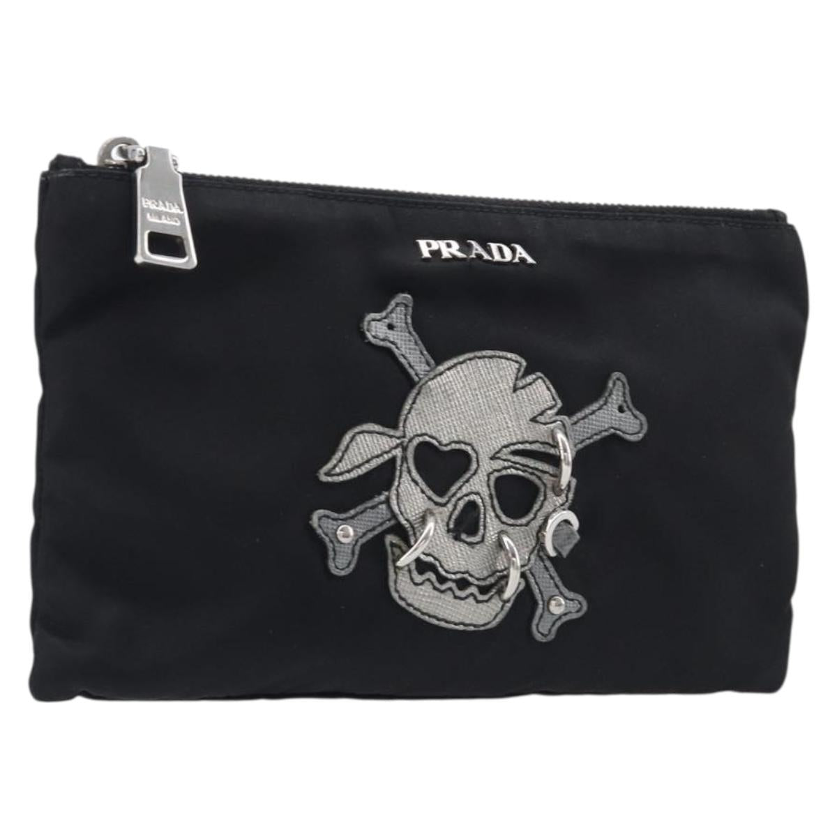 PRADA Pouch Nylon Black Silver Auth bs37334