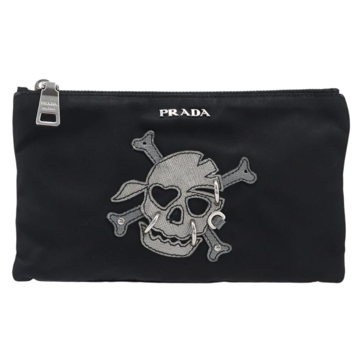 PRADA Pouch Nylon Black Silver Auth bs37334