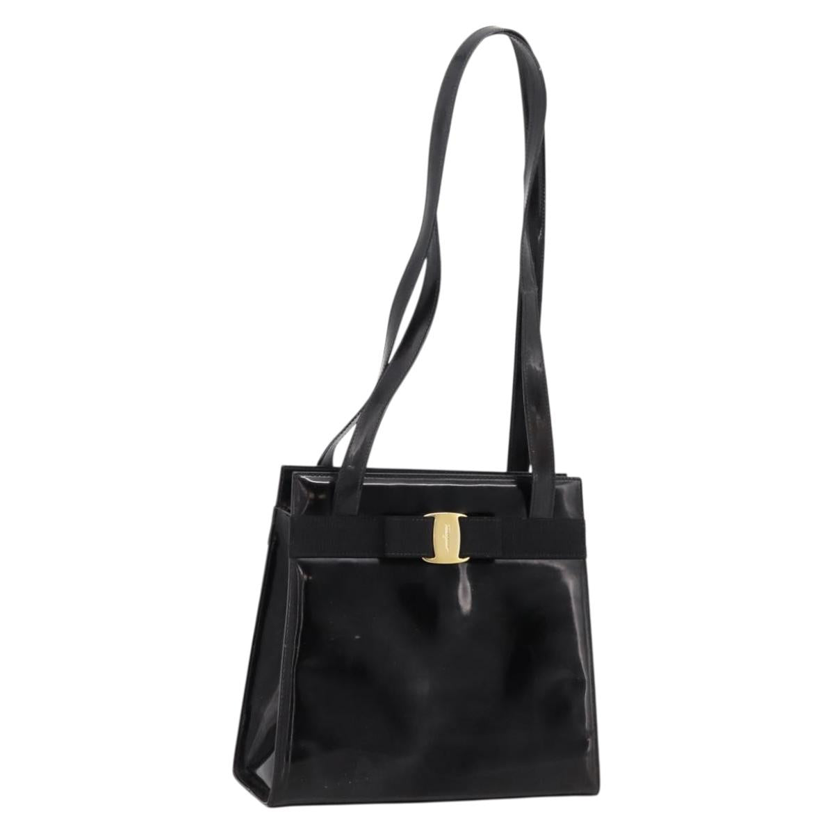 Salvatore Ferragamo Vala Tote Bag Patent leather Black Gold Auth bs37336