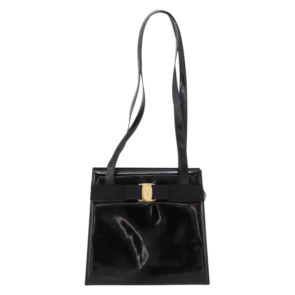Salvatore Ferragamo Vala Tote Bag Patent leather Black Gold Auth bs37336