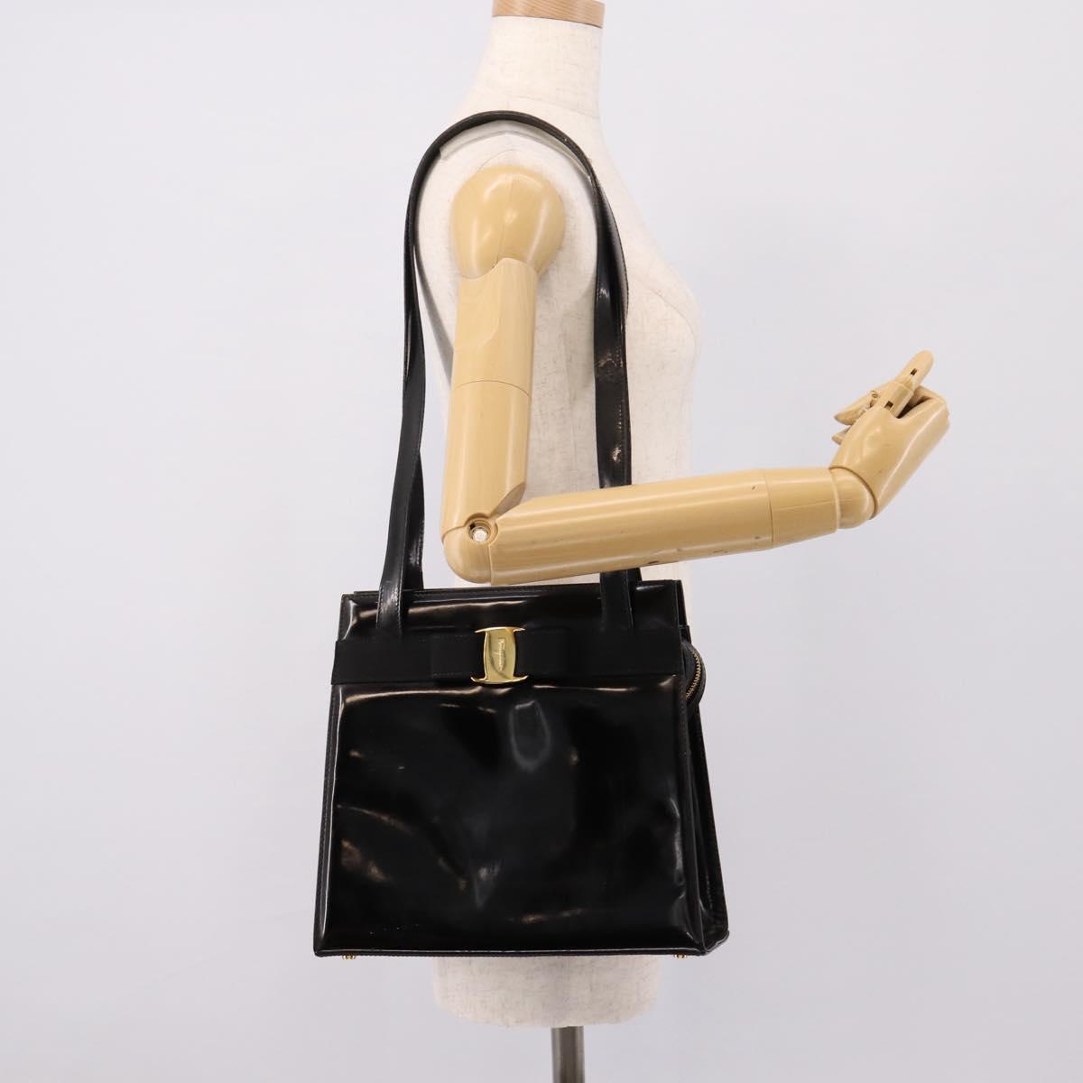 Salvatore Ferragamo Vala Tote Bag Patent leather Black Gold Auth bs37336