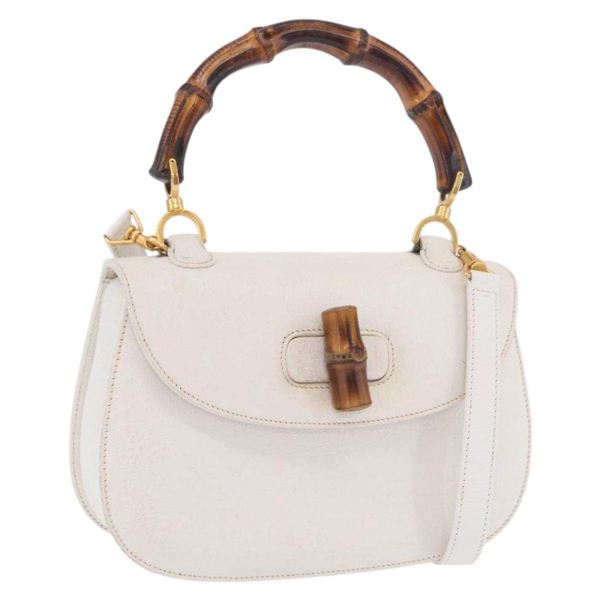 GUCCI Bamboo Hand Bag Leather 2way White Gold 000 2029 0633 Auth bs37338A