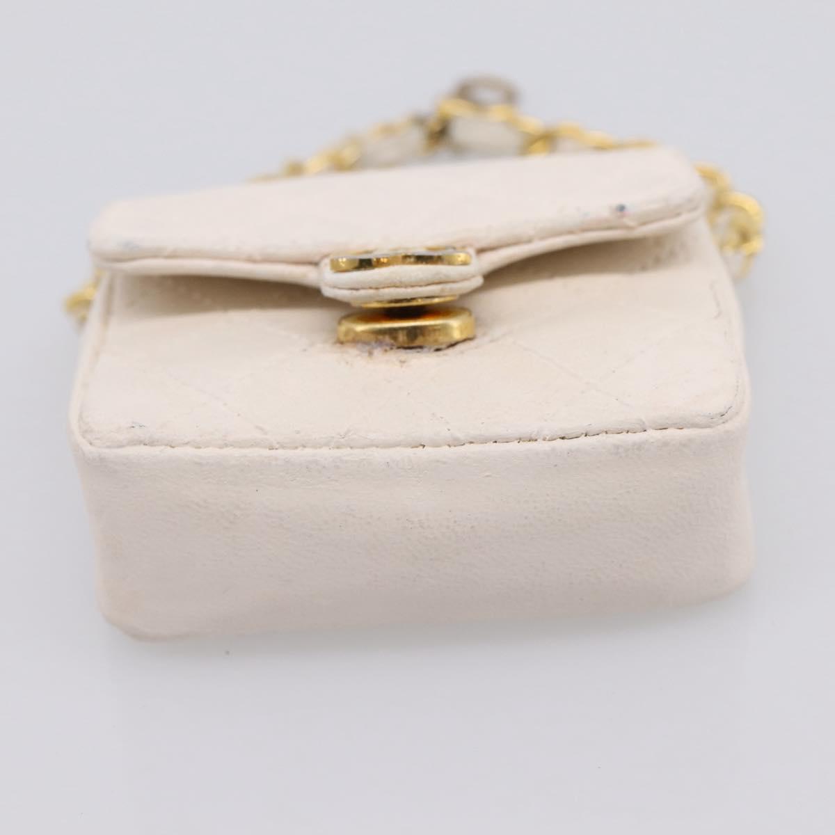 CHANEL Matelasse Charm Lamb Skin White Beige CC Auth bs37343