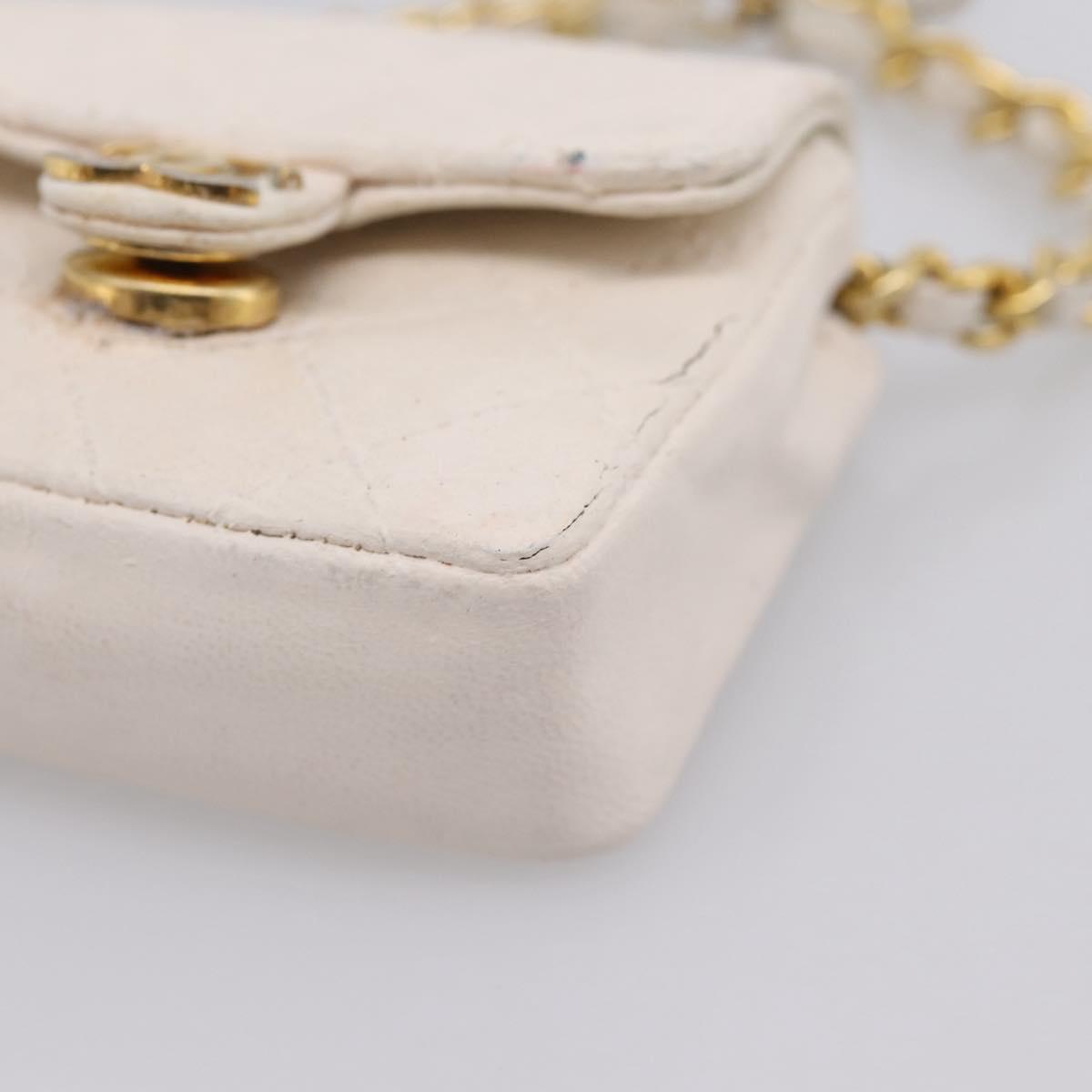 CHANEL Matelasse Charm Lamb Skin White Beige CC Auth bs37343