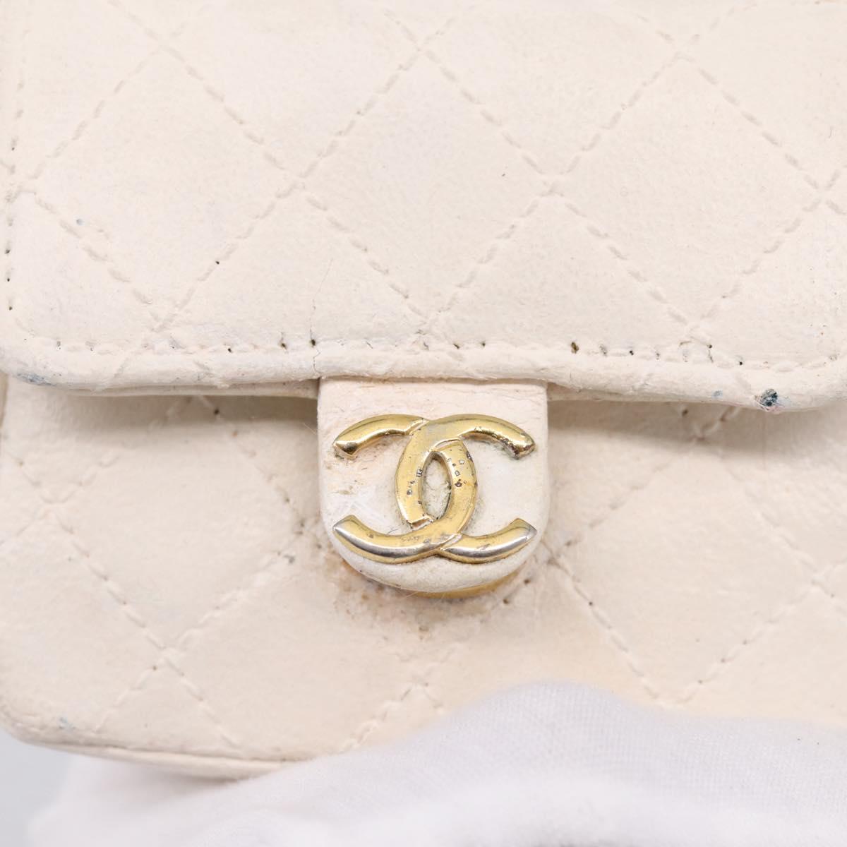 CHANEL Matelasse Charm Lamb Skin White Beige CC Auth bs37343