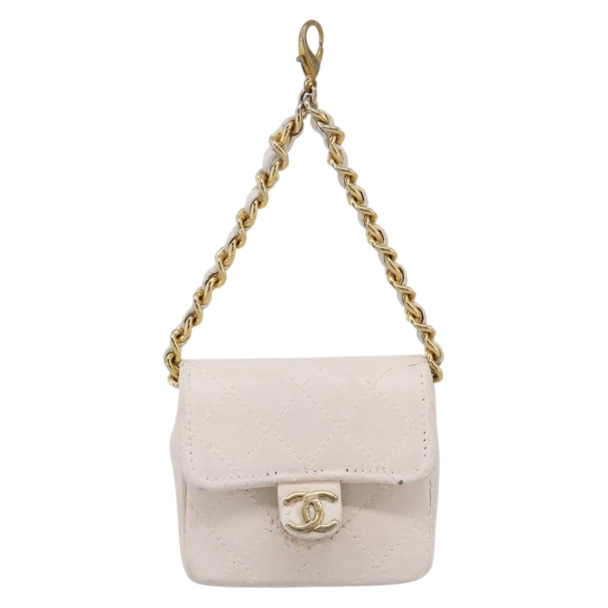 CHANEL Matelasse Charm Lamb Skin White Beige CC Auth bs37343