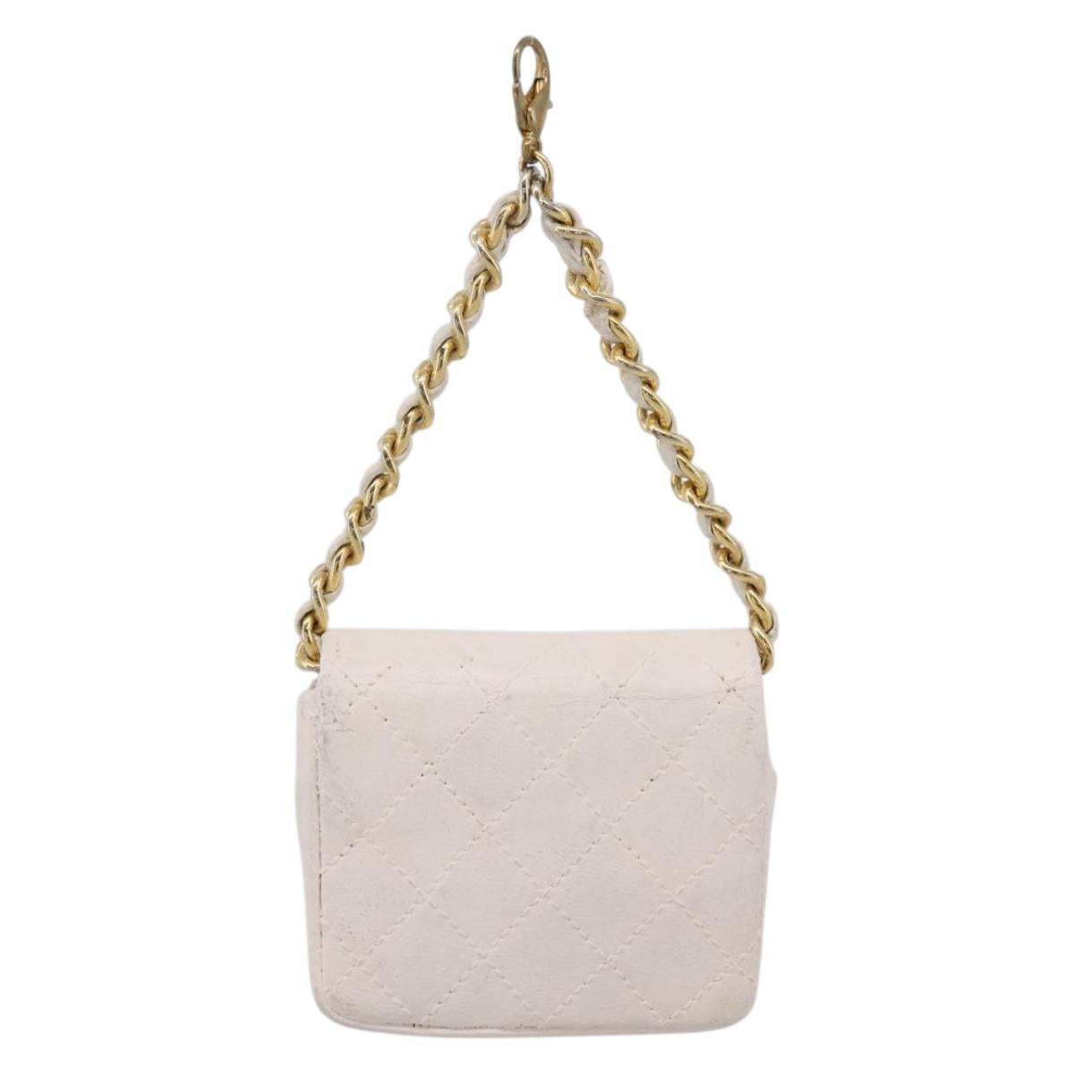CHANEL Matelasse Charm Lamb Skin White Beige CC Auth bs37343