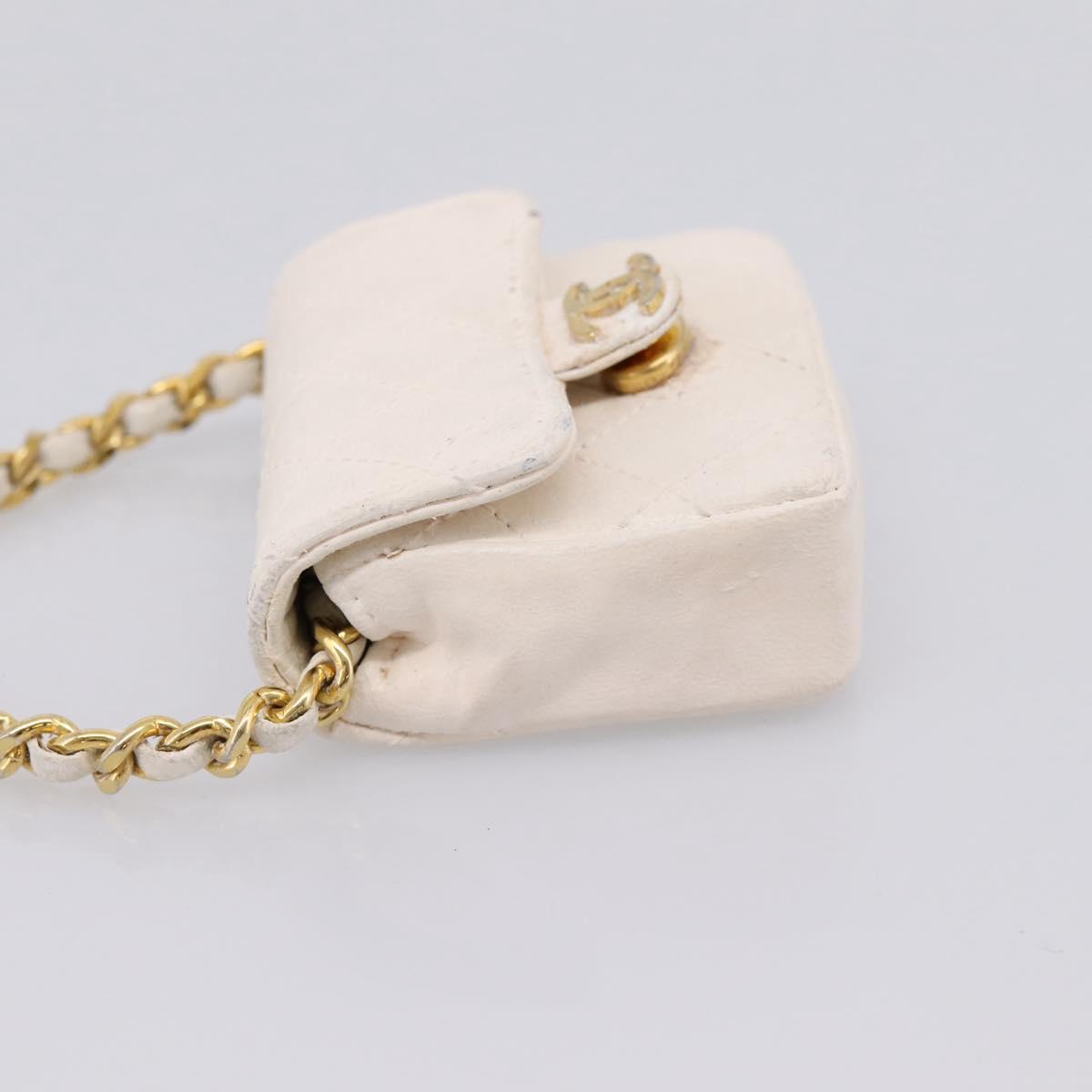 CHANEL Matelasse Charm Lamb Skin White Beige CC Auth bs37343