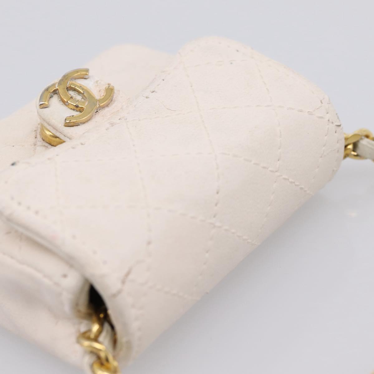 CHANEL Matelasse Charm Lamb Skin White Beige CC Auth bs37343