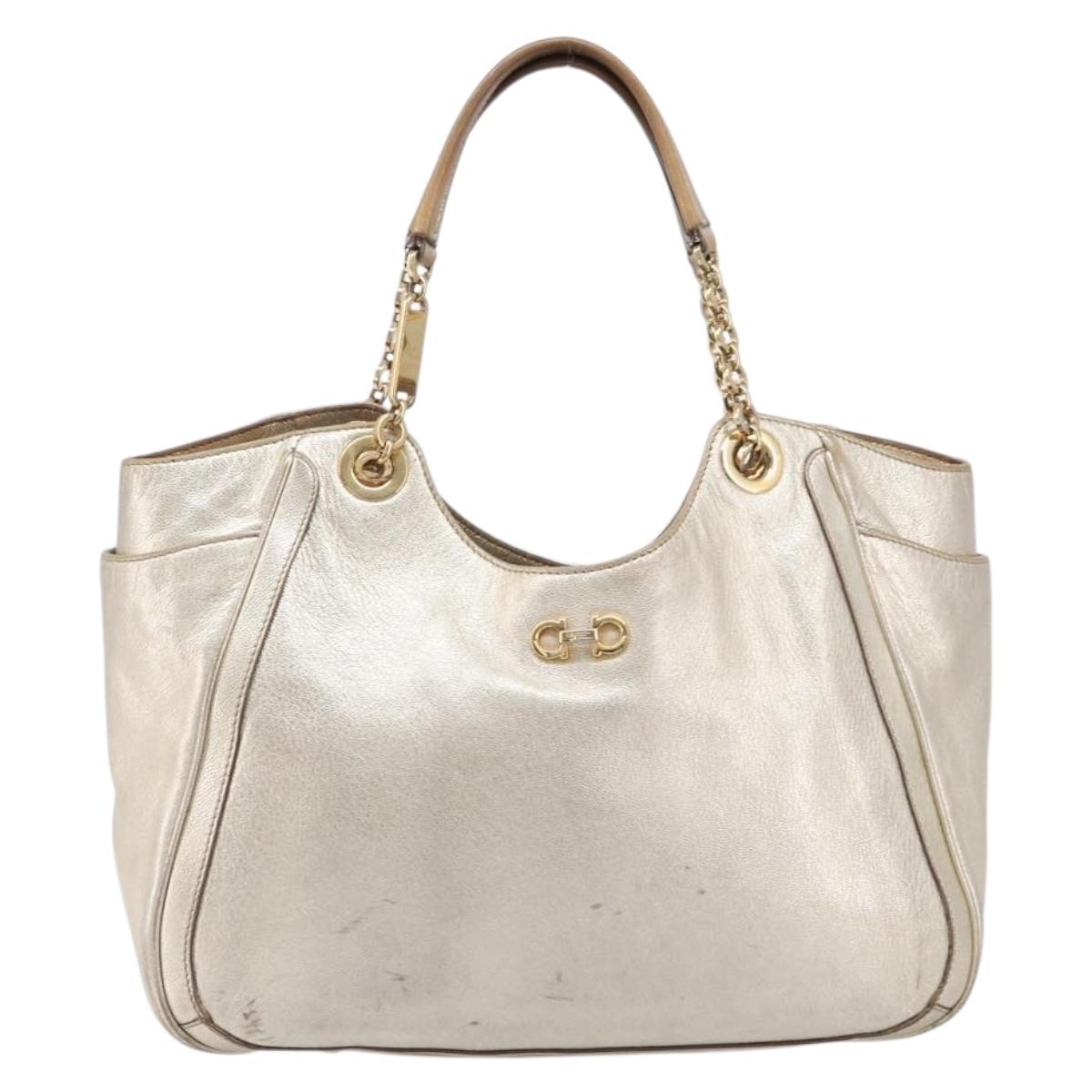 Salvatore Ferragamo Gancini Tote Bag Leather Gold Auth bs37360