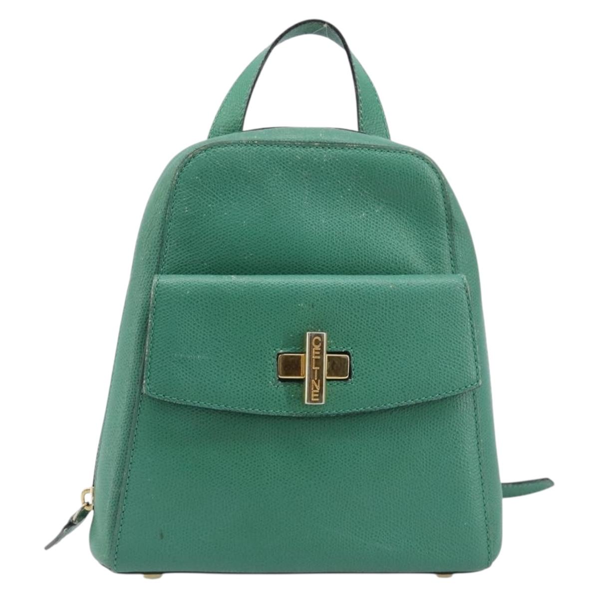 CELINE Backpack Leather Green Gold Auth bs37368
