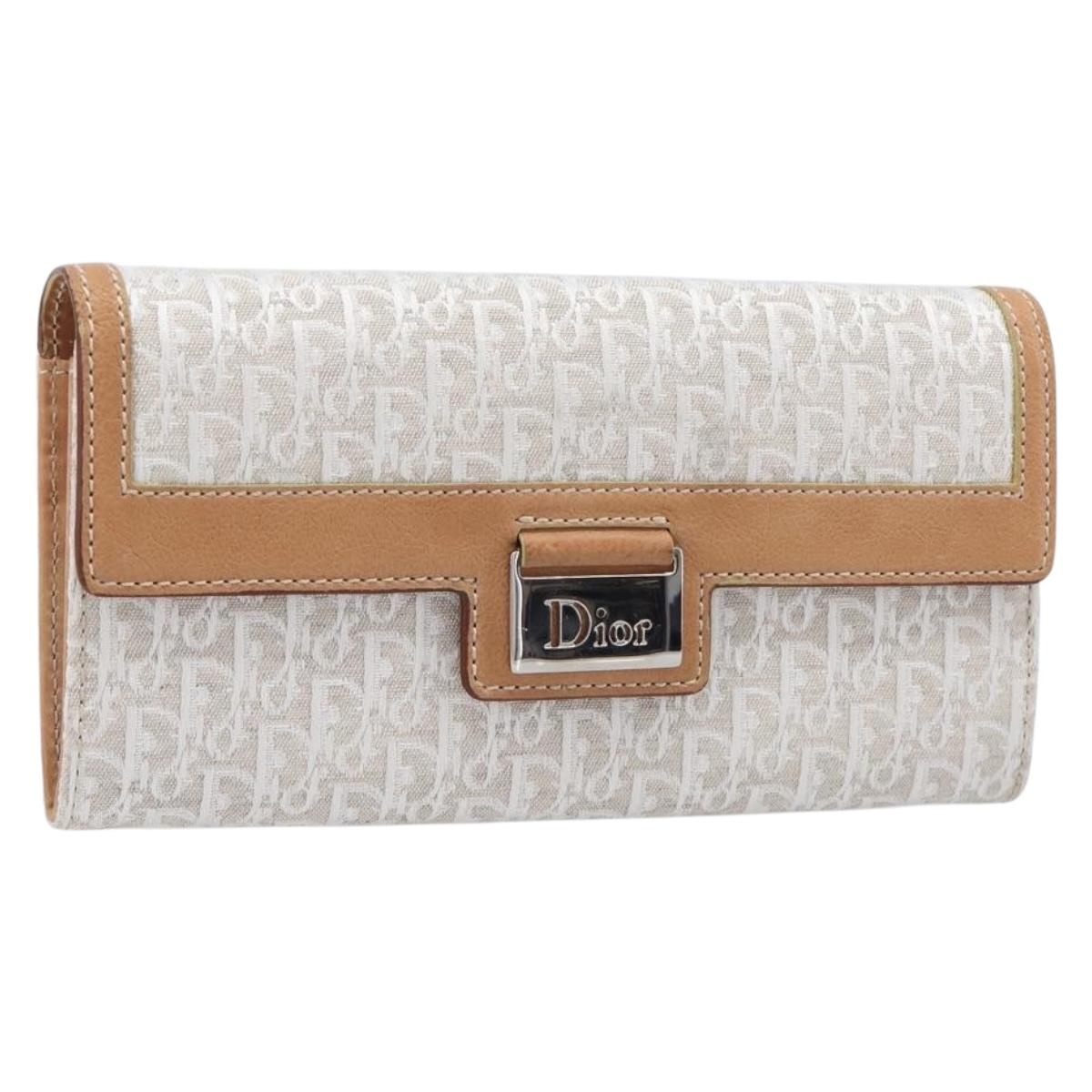 Christian Dior Trotter Canvas Long Wallet White Silver Auth bs37382V