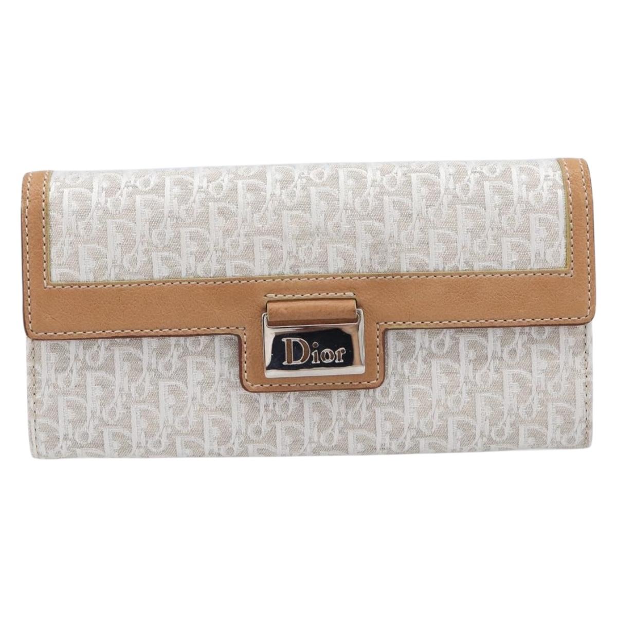 Christian Dior Trotter Canvas Long Wallet White Silver Auth bs37382V