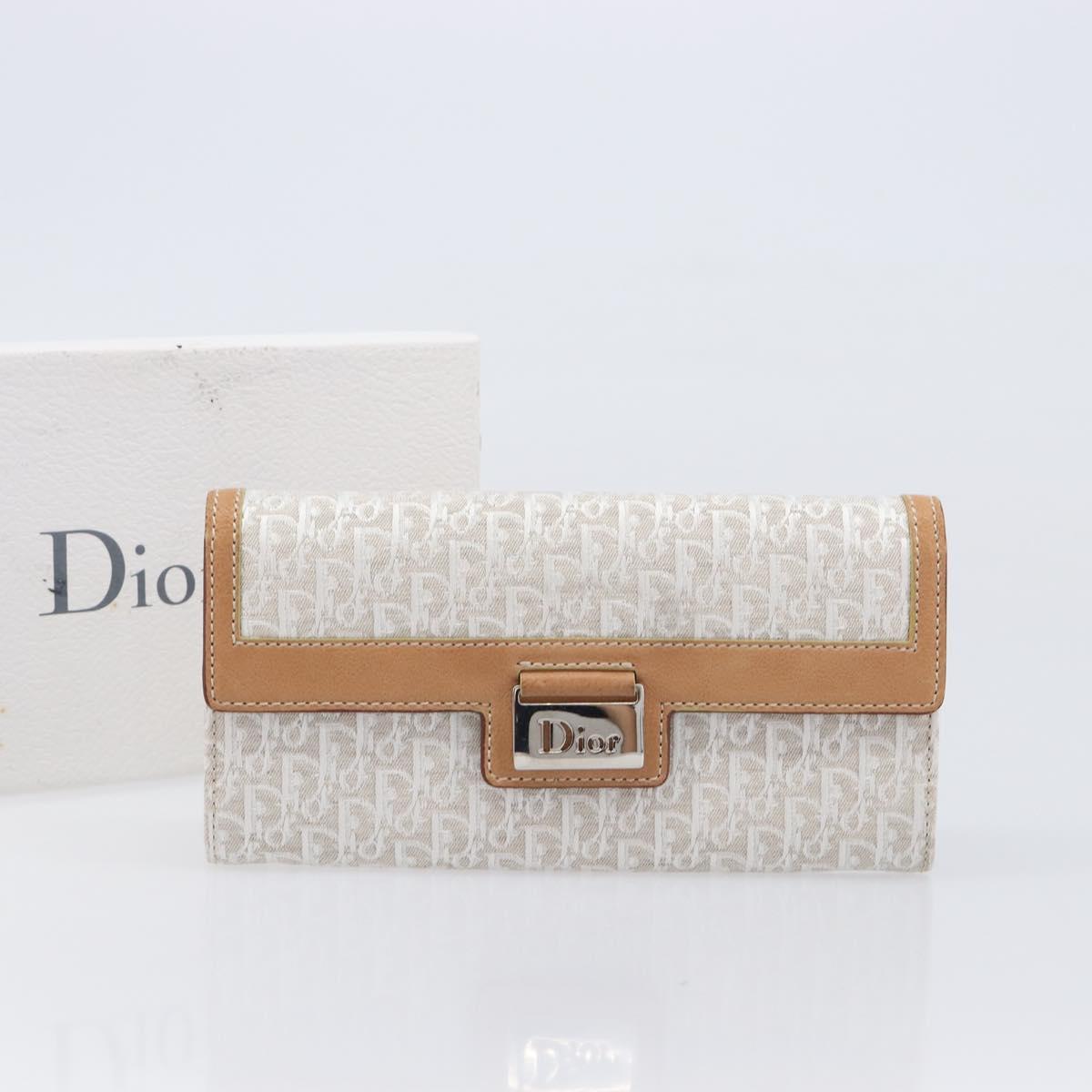 Christian Dior Trotter Canvas Long Wallet White Silver Auth bs37382V
