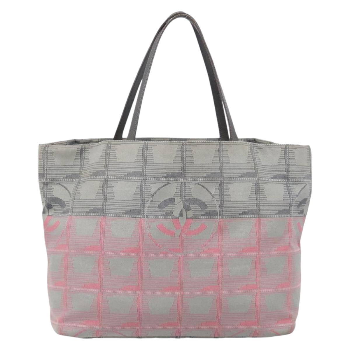 CHANEL New Travel Line Tote Bag Canvas Gray Silver CC Auth bs37392A
