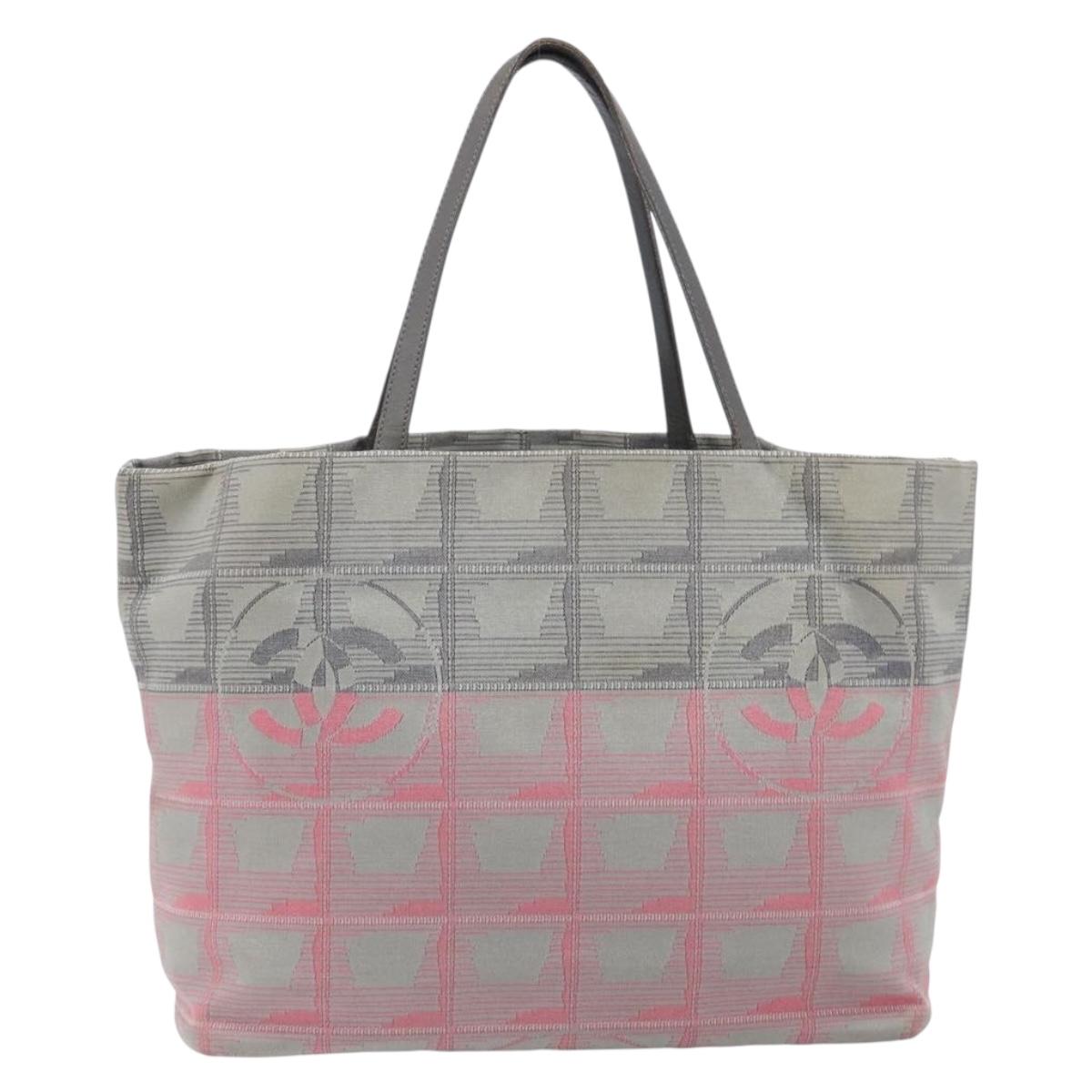 CHANEL New Travel Line Tote Bag Canvas Gray Silver CC Auth bs37392A