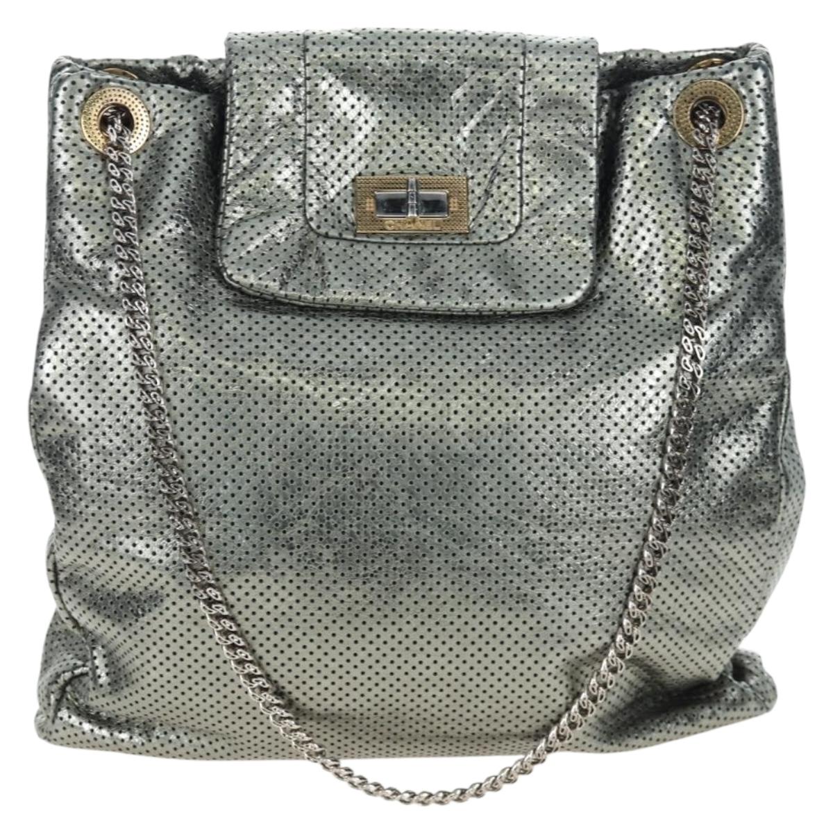 CHANEL 2.55 Chain Shoulder Bag Punching Leather Green Silver CC Auth bs37393V