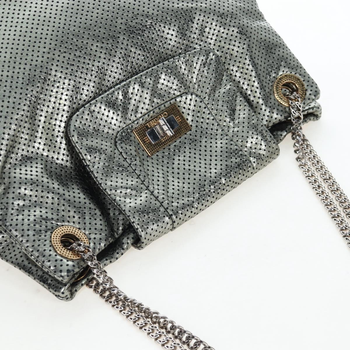 CHANEL 2.55 Chain Shoulder Bag Punching Leather Green Silver CC Auth bs37393V