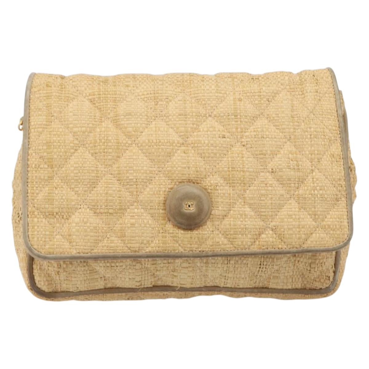 CHANEL Matelasse Chain Shoulder Bag Raffia Beige Gold CC Auth bs37394