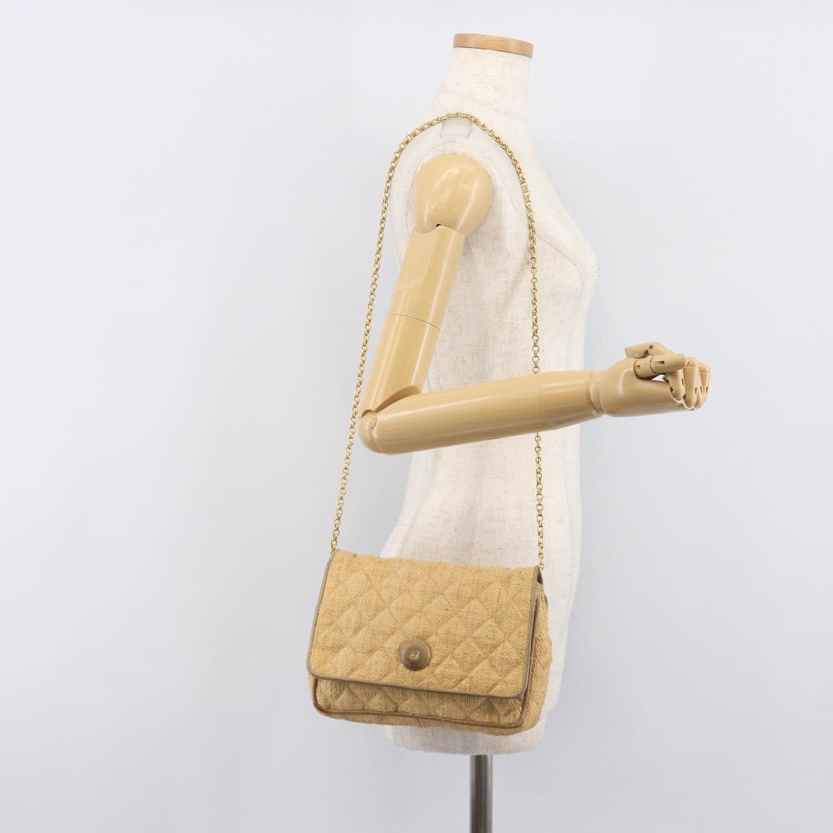 CHANEL Matelasse Chain Shoulder Bag Raffia Beige Gold CC Auth bs37394