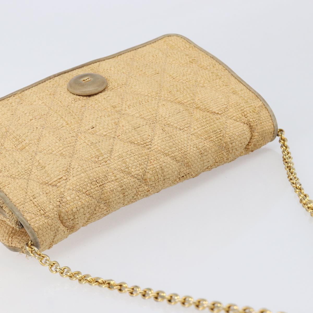 CHANEL Matelasse Chain Shoulder Bag Raffia Beige Gold CC Auth bs37394