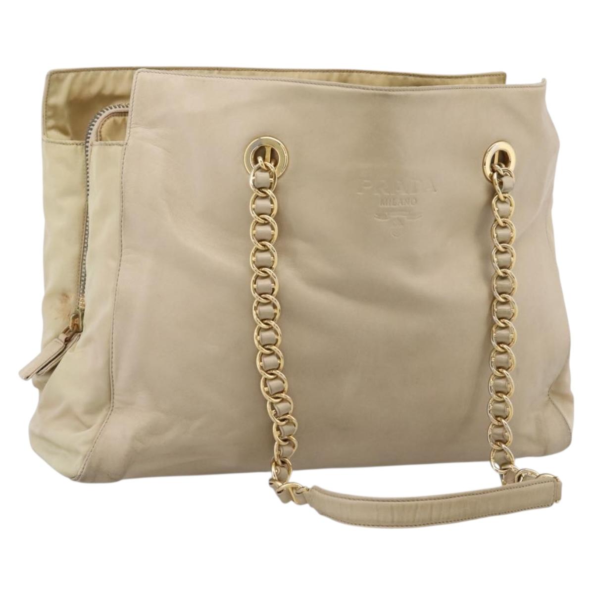 PRADA Chain Tote Bag Leather Beige Gold Auth bs37400