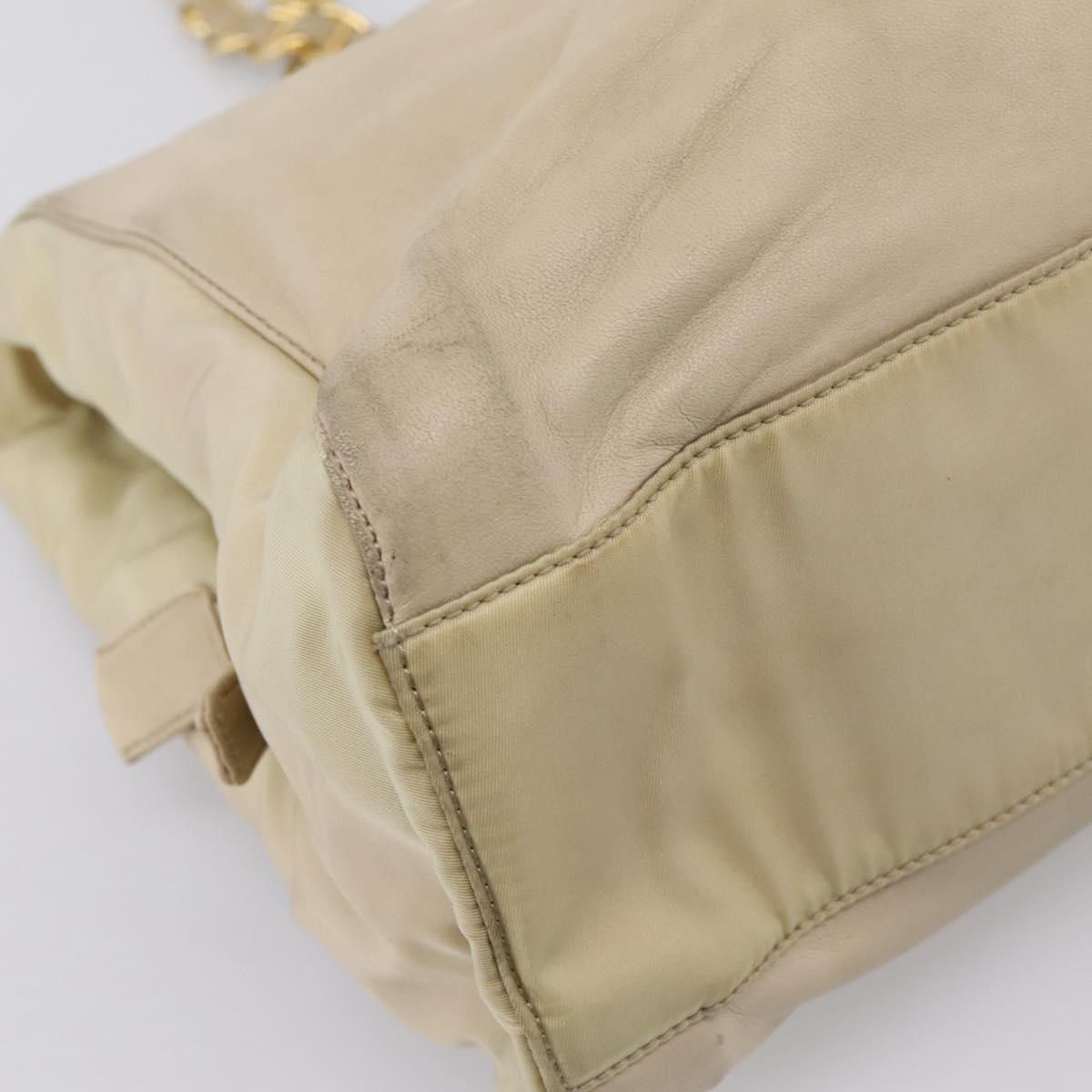 PRADA Chain Tote Bag Leather Beige Gold Auth bs37400
