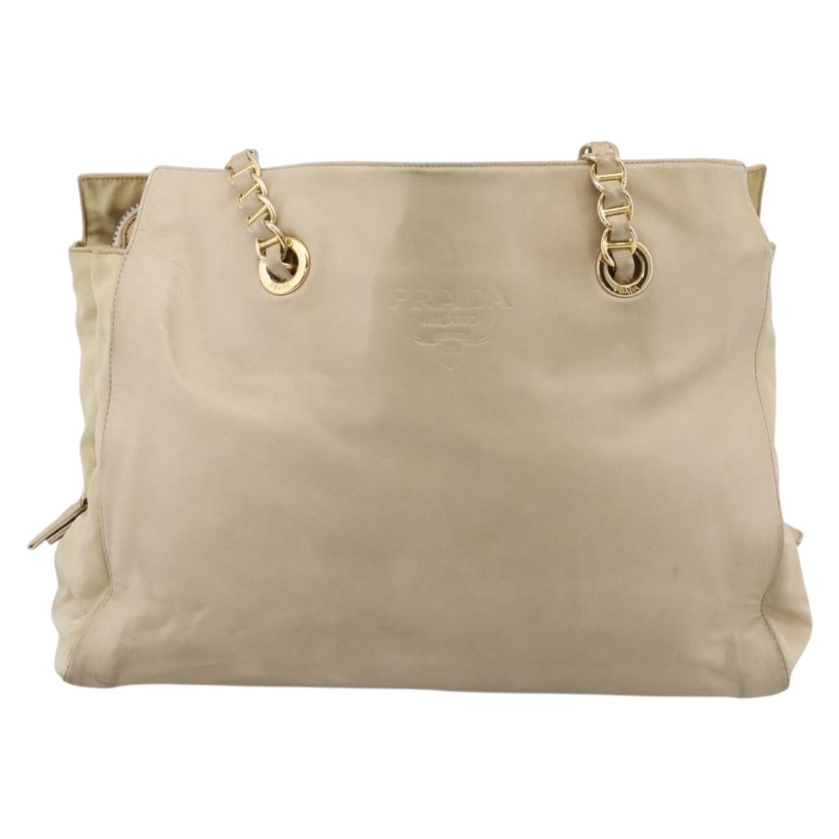 PRADA Chain Tote Bag Leather Beige Gold Auth bs37400