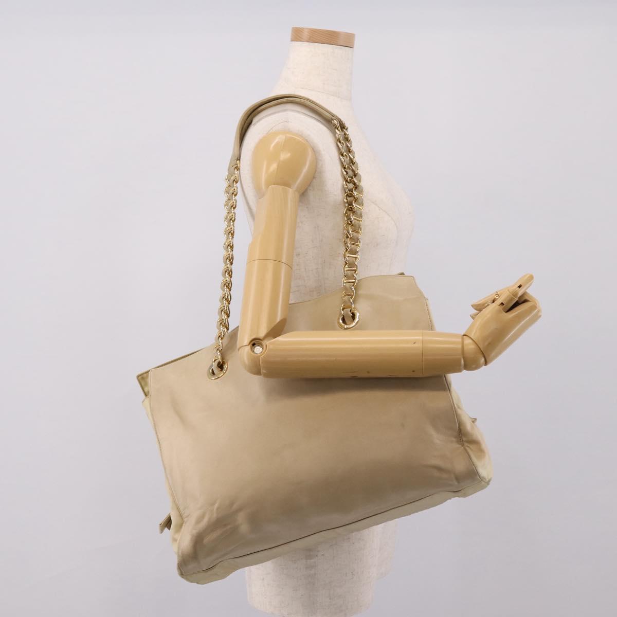 PRADA Chain Tote Bag Leather Beige Gold Auth bs37400