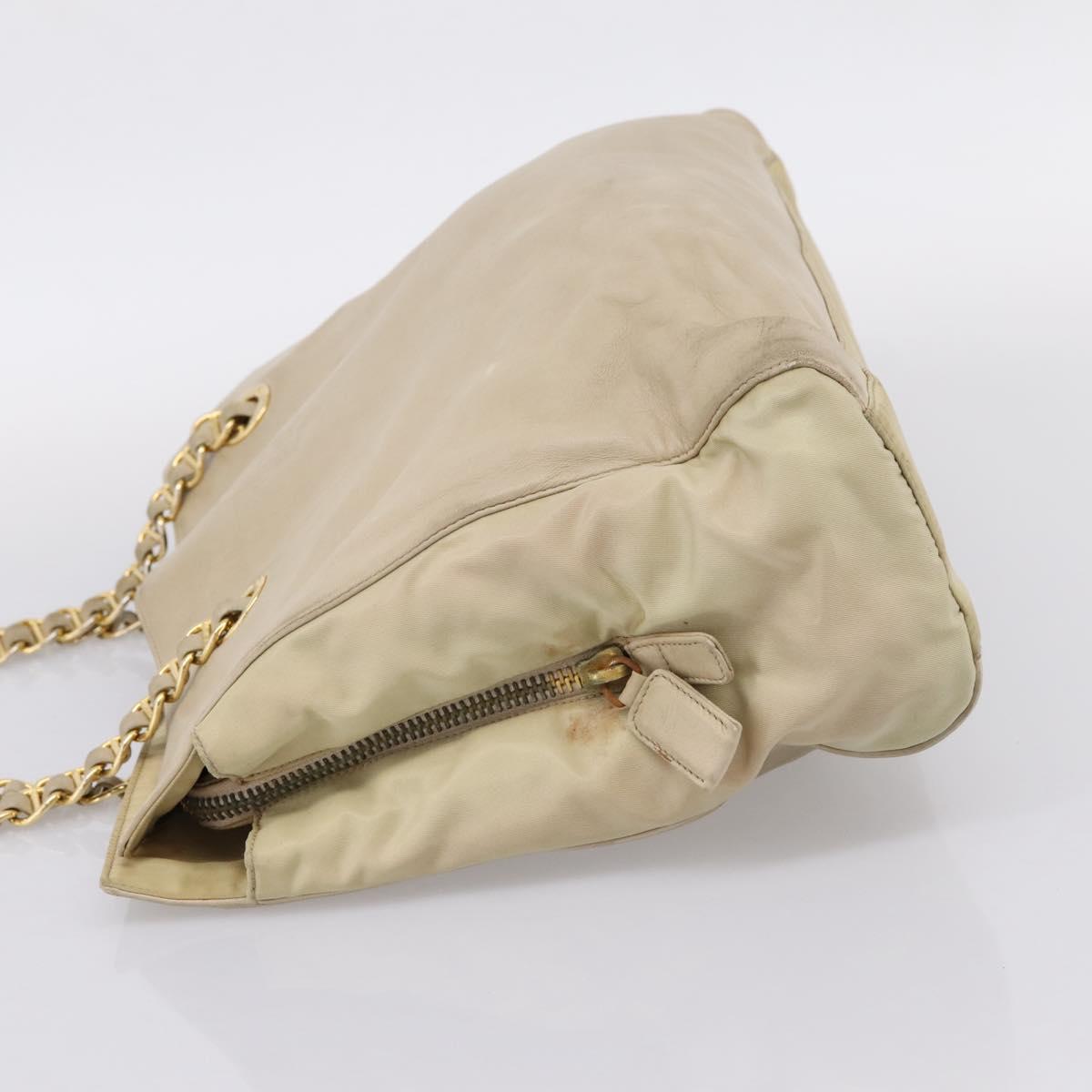 PRADA Chain Tote Bag Leather Beige Gold Auth bs37400