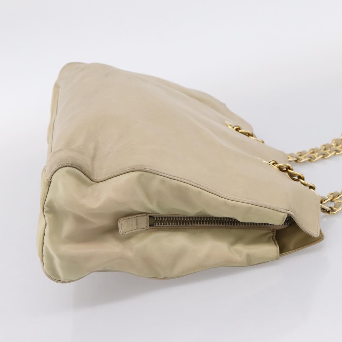 PRADA Chain Tote Bag Leather Beige Gold Auth bs37400