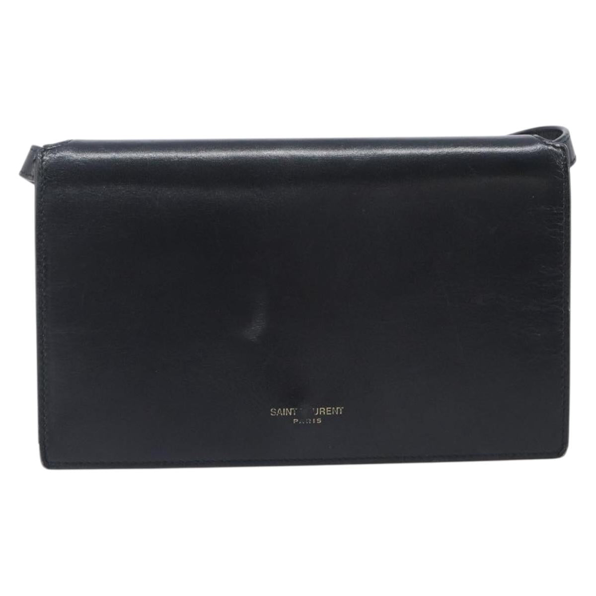 SAINT LAURENT Shoulder Bag Leather Black Gold Auth bs37414