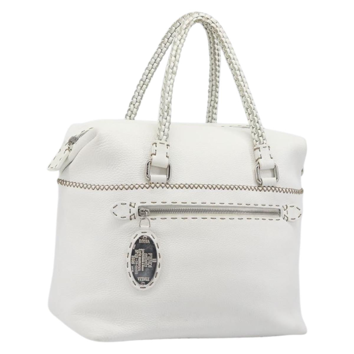 FENDI Celeria Tote Bag Leather White Silver Auth bs37416V