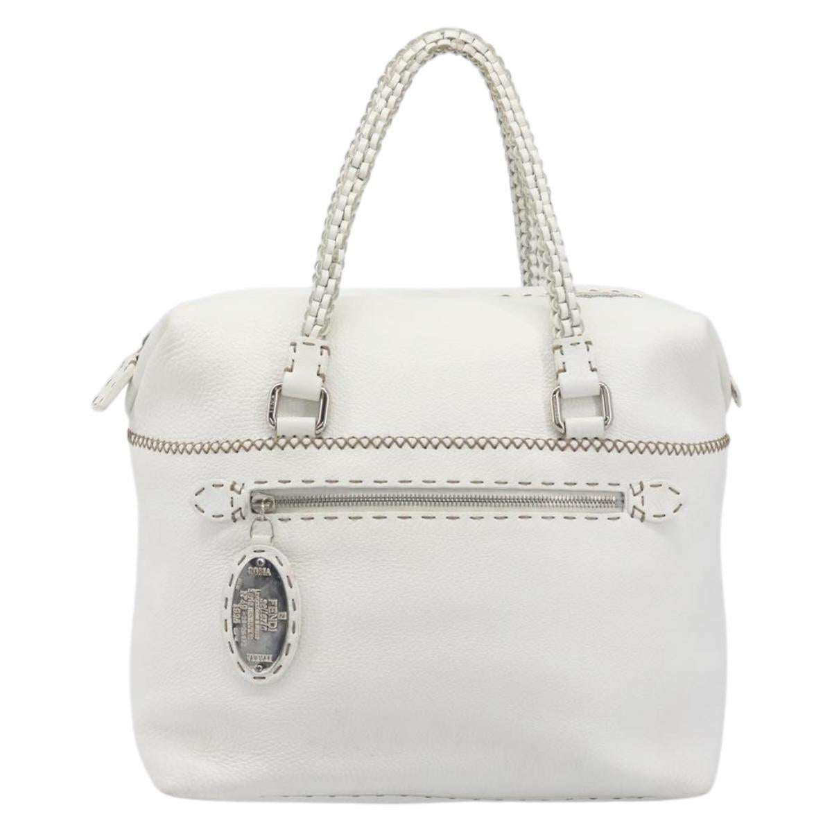 FENDI Celeria Tote Bag Leather White Silver Auth bs37416V