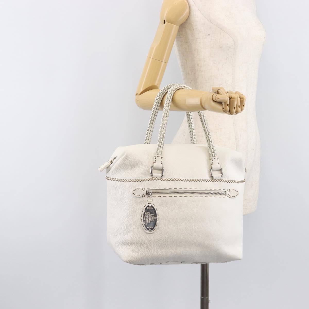 FENDI Celeria Tote Bag Leather White Silver Auth bs37416V