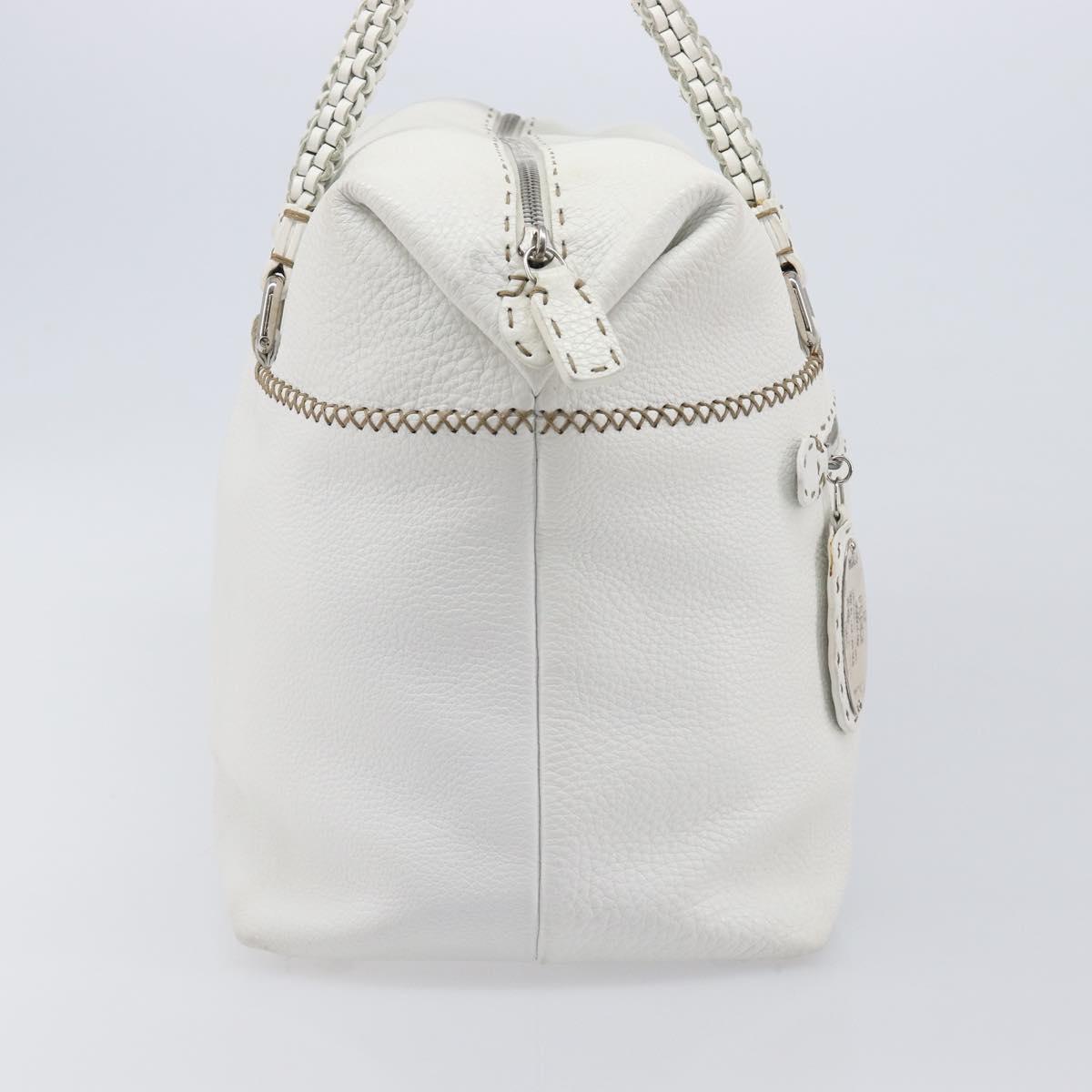 FENDI Celeria Tote Bag Leather White Silver Auth bs37416V