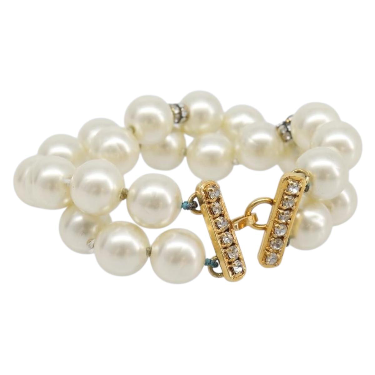 CHANEL Pearl Bracelet metal Gold CC Auth bs37428