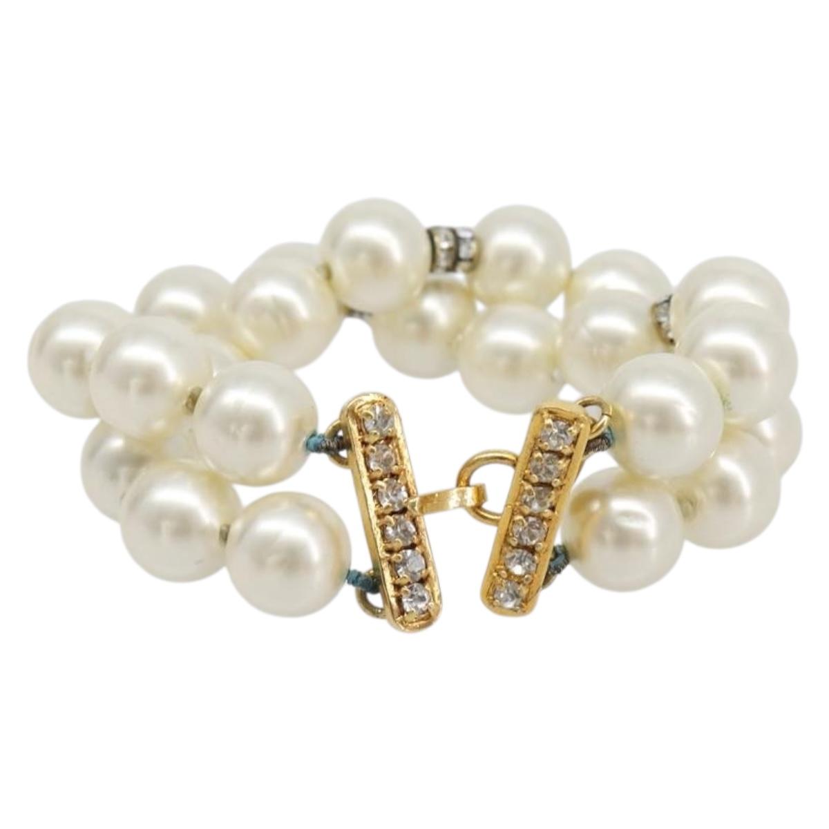 CHANEL Pearl Bracelet metal Gold CC Auth bs37428