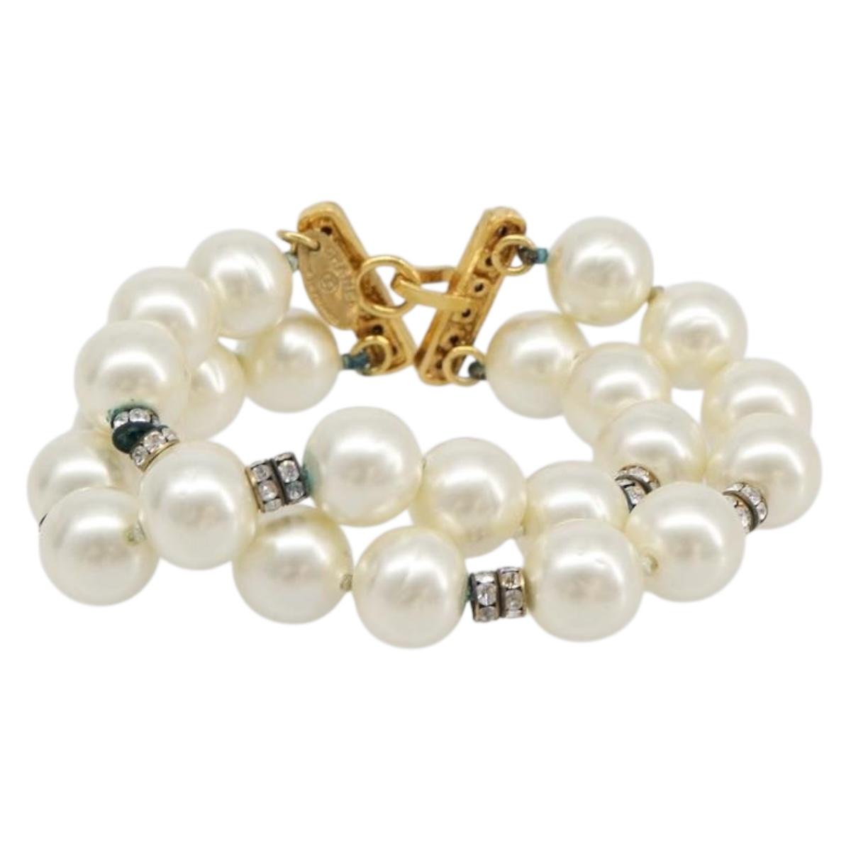 CHANEL Pearl Bracelet metal Gold CC Auth bs37428