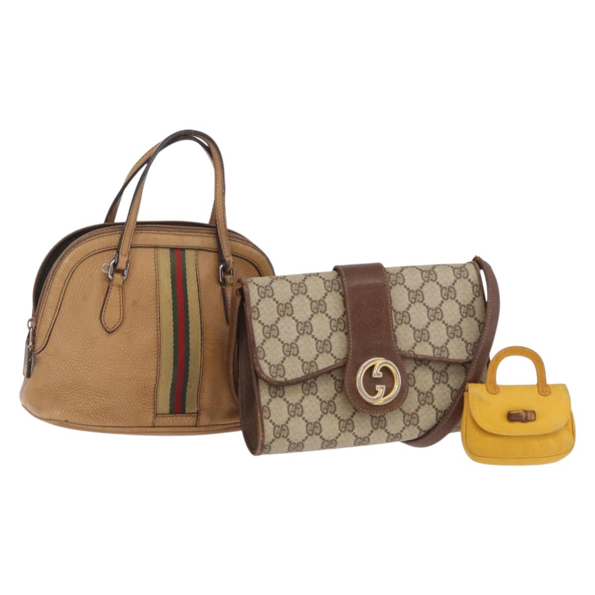 GUCCI GG Supreme Sherry Line Bag PVC Leather 3 Set Beige Yellow Auth bs37438