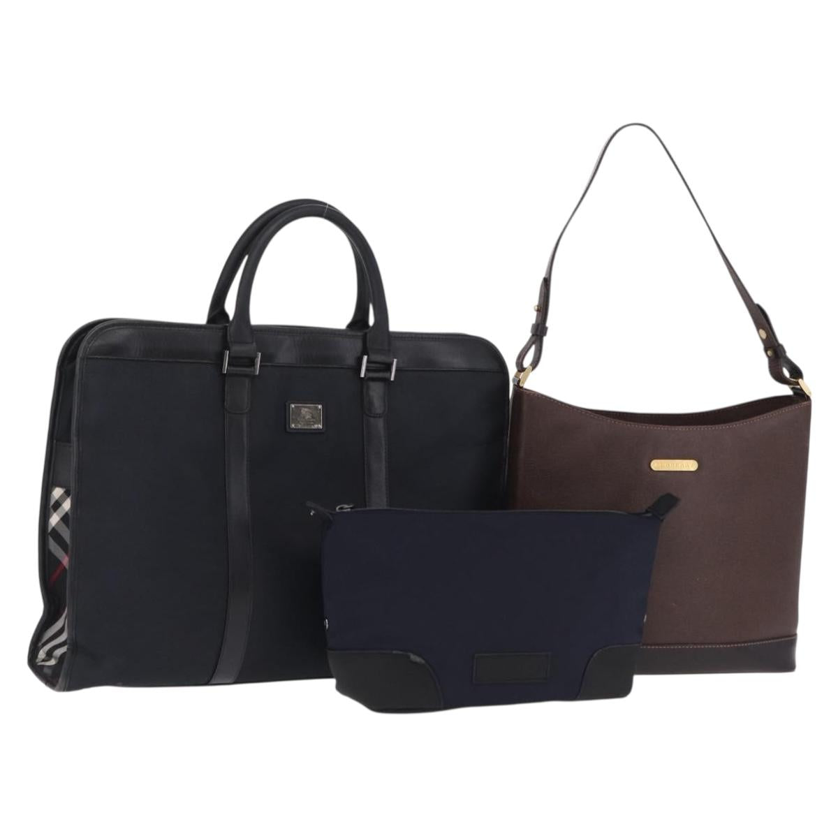 BURBERRY Hand Bag Leather Nylon 3 Set Black Brown Auth bs37439