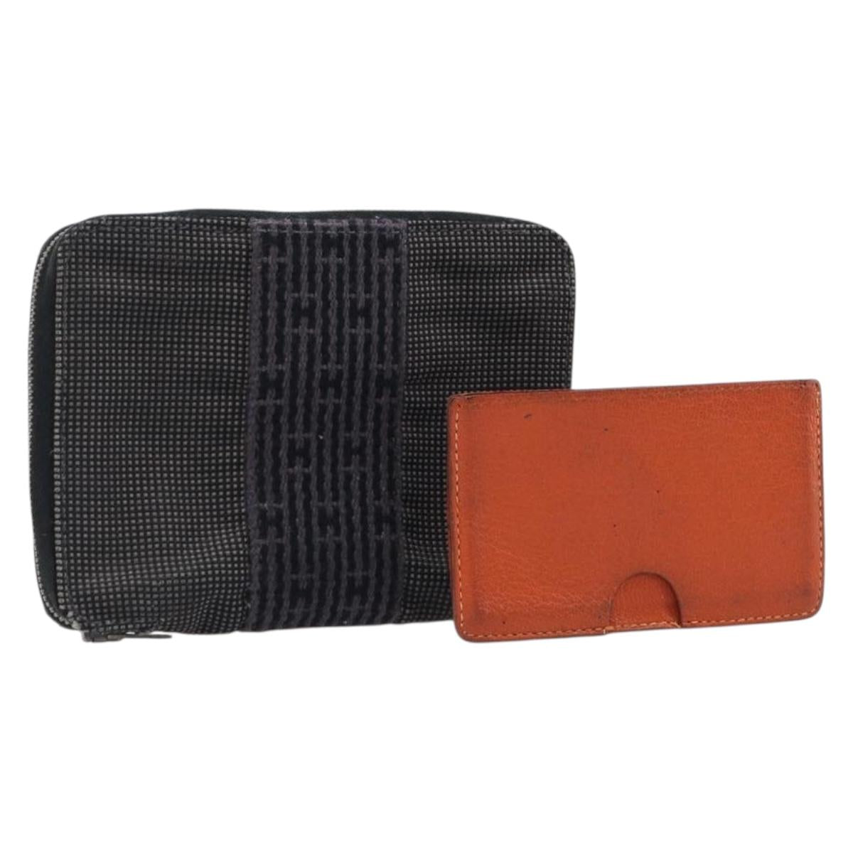 HERMES Wallet Leather Canvas 2 Set Brown Gray Auth bs37444