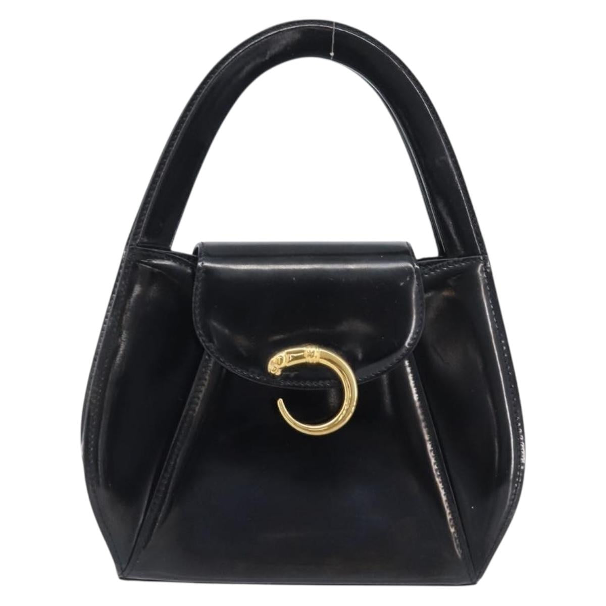 Cartier PANTHERE Hand Bag Patent Leather Black Gold Auth bs37451