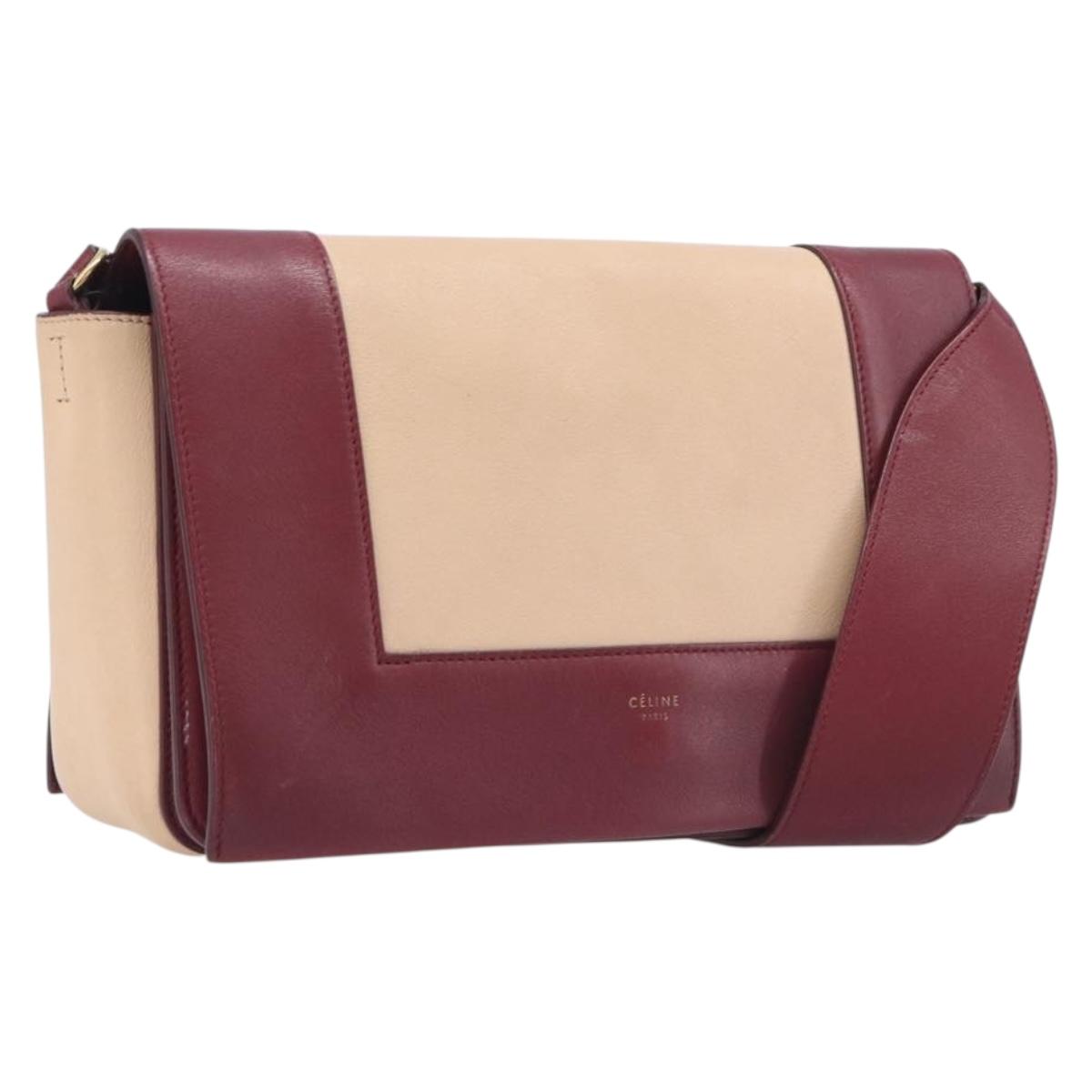 CELINE flame Shoulder Bag Leather Beige Wine Red Auth bs37453