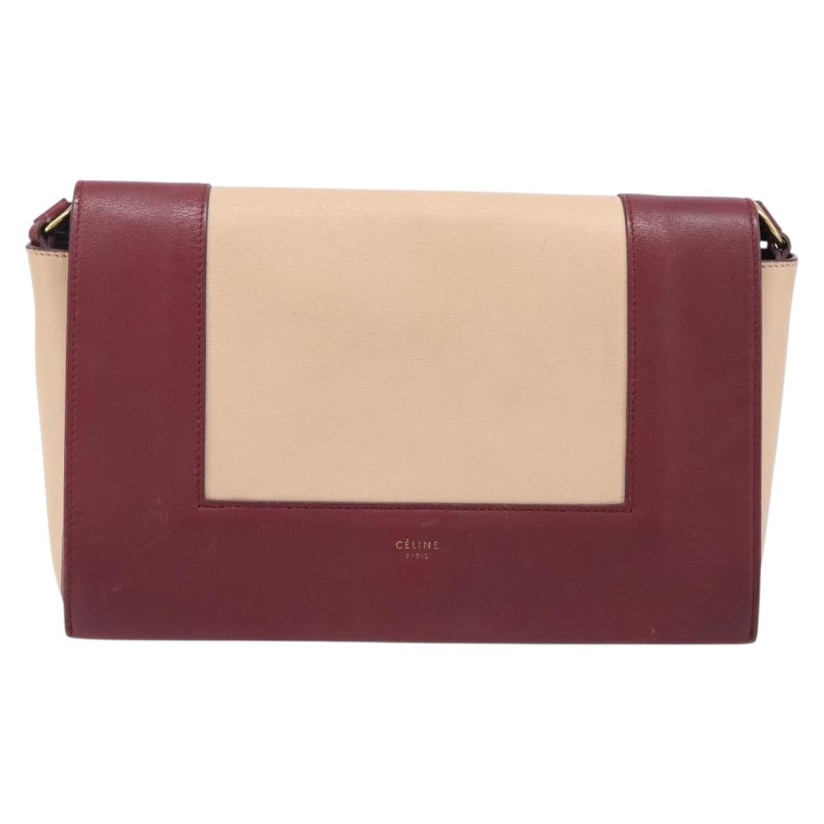 CELINE flame Shoulder Bag Leather Beige Wine Red Auth bs37453