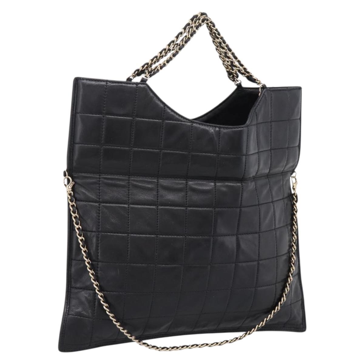 CHANEL Choco Bar Chain Hand Bag Lamb Skin 2way Black Gold CC Auth bs37454