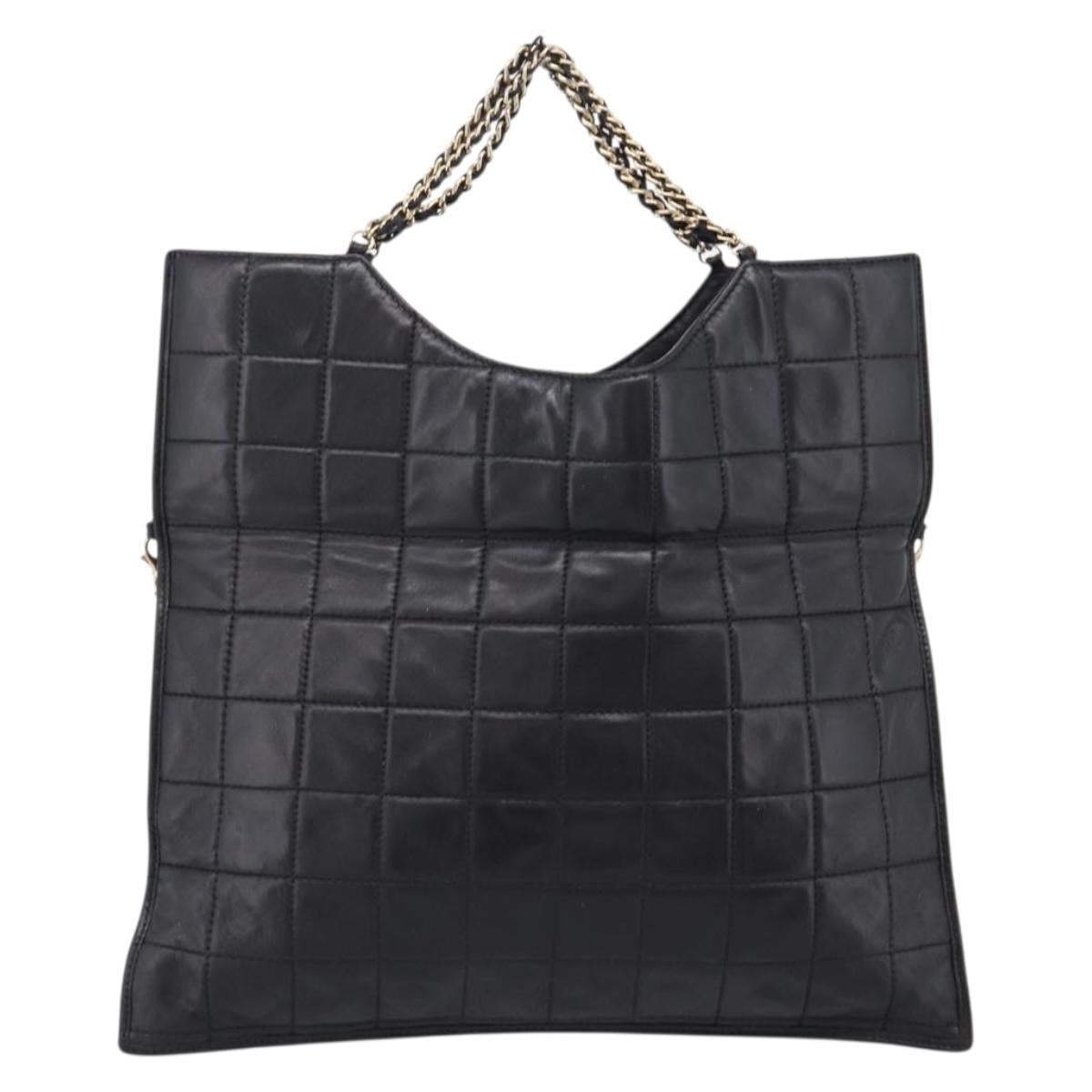 CHANEL Choco Bar Chain Hand Bag Lamb Skin 2way Black Gold CC Auth bs37454